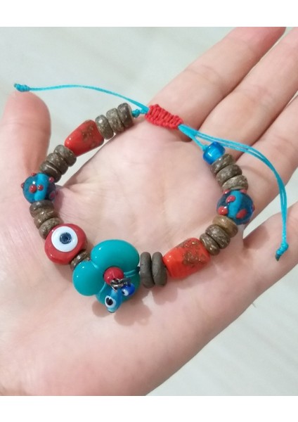 El Yapımı Kırmızı ve Mavi Nazar ve Hint Cam Boncuklu Bileklik