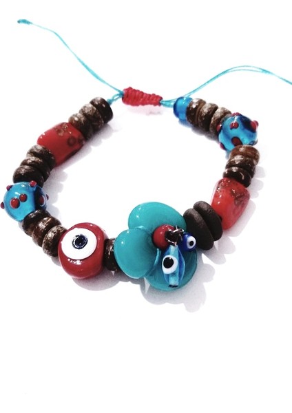 El Yapımı Kırmızı ve Mavi Nazar ve Hint Cam Boncuklu Bileklik