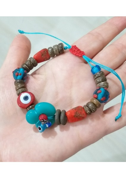 El Yapımı Kırmızı ve Mavi Nazar ve Hint Cam Boncuklu Bileklik