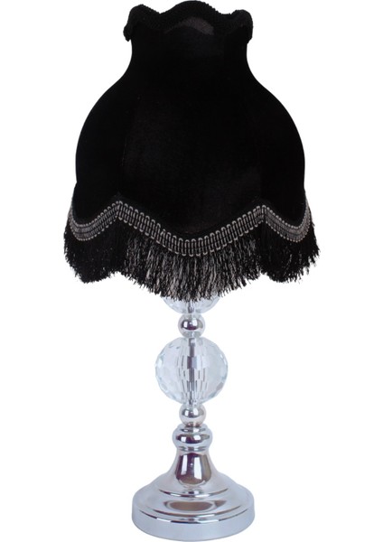 Siyah Abajur Kadife Kaplı Kristal Cam Klasik Krom Metal Ayak Vintage Saçak Ab0740