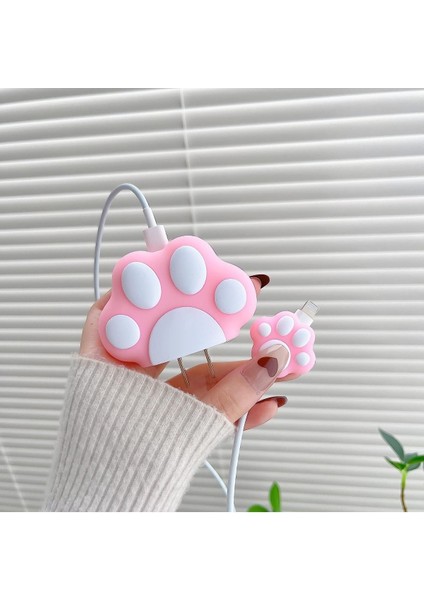 Apple Yeni Nesil Şarj Başlık ve Kablo Koruyucu Seti Pembe Kedi Pati Tasarımlı