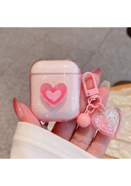 Appleairpods Kulaklık Kılıfı 1/2 Nesil Kalp Dekorlu Simli Anahtarlıklı Kılıf