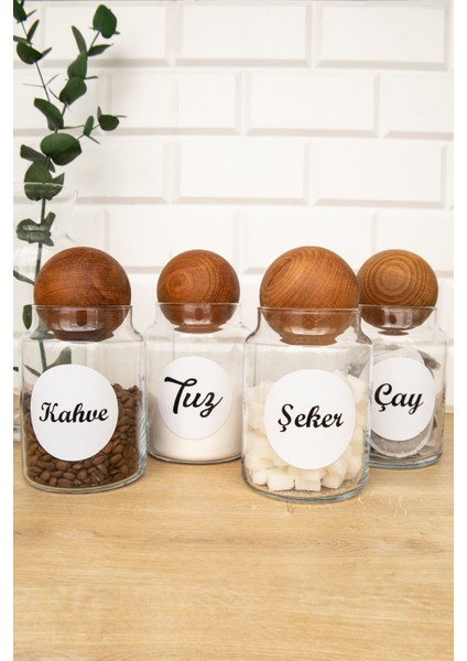 4'lü Ahşap Top Kapaklı Etiketli Çay Şeker Kahve Tuz Saklama Kabı 800 ml Kavanoz