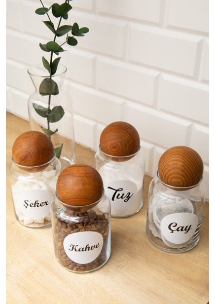4'lü Ahşap Top Kapaklı Etiketli Çay Şeker Kahve Tuz Saklama Kabı 800 ml Kavanoz fiyatları