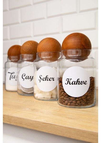 4'lü Ahşap Top Kapaklı Etiketli Çay Şeker Kahve Tuz Saklama Kabı 800 ml Kavanoz modelleri