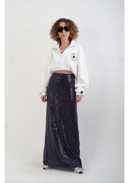 Lacivert Pul Payet Tam Astarlı Maxi Etek