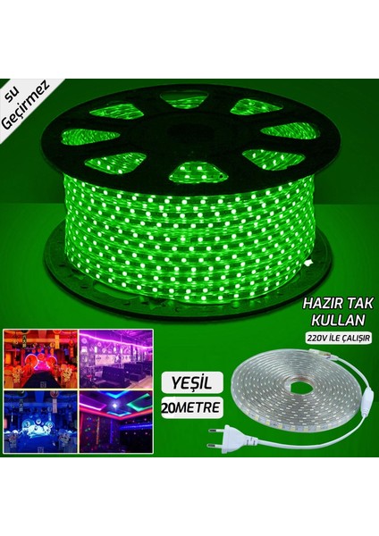 Keat Atlantis Hortum LED / Yassı Tip / Metrede 60 LED / 220 Volt / Dış Mekan İP65- 20MT- Yeşil Işık