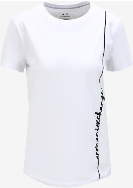 Beyaz Kadın Bisiklet Yaka Baskılı T-Shirt 6RYT05