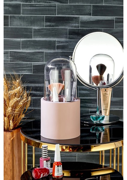 Bölmeli Pembe Makyaj Organizeri - Daisy Şeffaf Kapaklı Büyük Fırça Organizeri