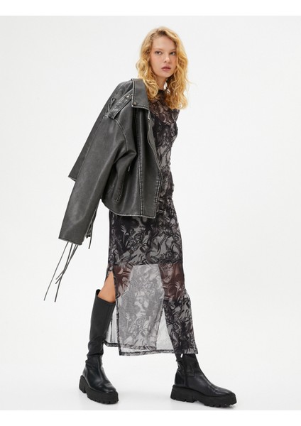 Tül Uzun Elbise Desenli Yırtmaçlı Uzun Kollu Yuvarlak Yaka Yarım Astarlı