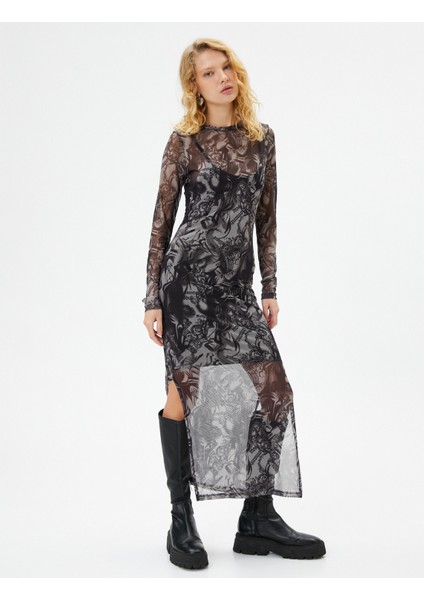 Tül Uzun Elbise Desenli Yırtmaçlı Uzun Kollu Yuvarlak Yaka Yarım Astarlı modelleri