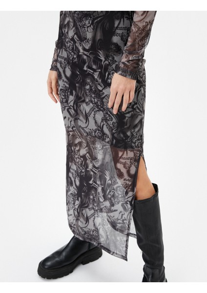 Tül Uzun Elbise Desenli Yırtmaçlı Uzun Kollu Yuvarlak Yaka Yarım Astarlı indirimleri