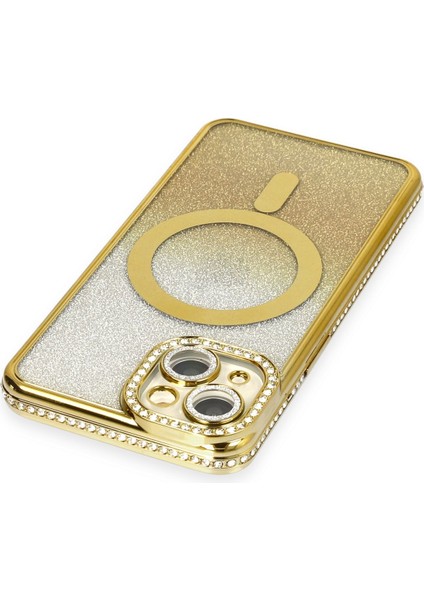 Apple iPhone 14 Kılıf Joke Simli Magneticsafe Kılıf - Gold