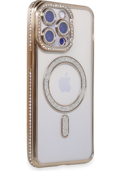 Apple iPhone 15 Pro Kılıf Joke Simli Magneticsafe Kılıf - Gold