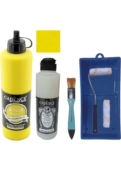 Mobilya Boyası - Multisurface H - 008 Limon Sarı 500 ml Ultimate Vernik Parlak 250 ml Saten Rulo Set