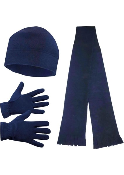 Erkek Lacivert Kışlık Termal Polar Eldiven - Polar Bere - Polar Atkı 3'lü Kışlık Set