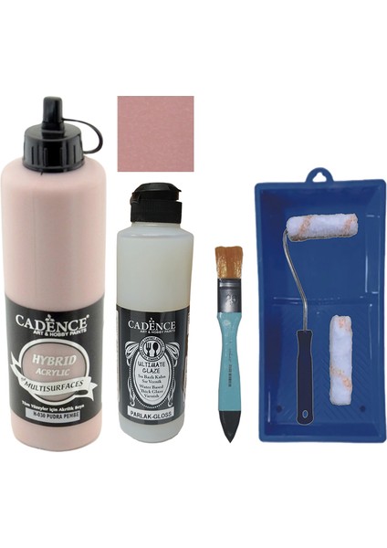 Mobilya Boyası - Multisurface H - 030 Pudra Pembe 500 ml Ultimate Vernik Parlak 250 ml Saten Rulo Set