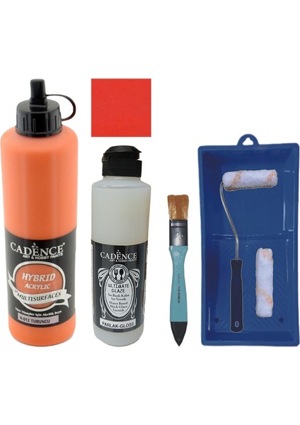 Mobilya Boyası - Multisurface H - 012 Turuncu 500 ml Ultimate Vernik Parlak 250 ml Saten Rulo Set
