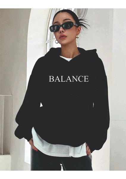 Siyah Kadın Sweatshirt Oversize Balance Slogan Baskılı Günlük Giyim modelleri