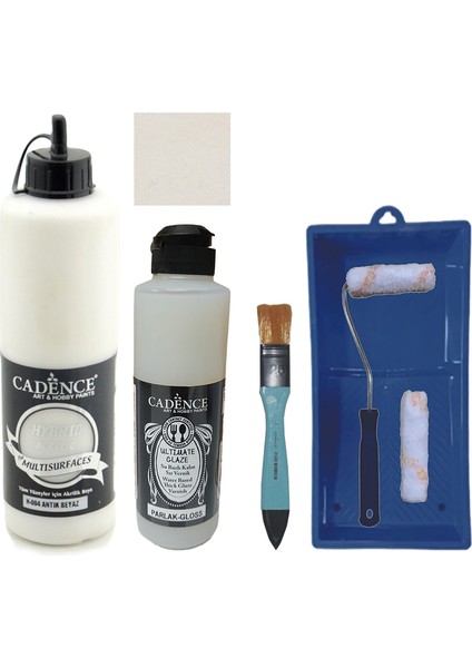 Mobilya Boyası - Multisurface H - 004 Antik Beyaz 500 ml Ultimate Vernik Parlak 250 ml Saten Rulo Set