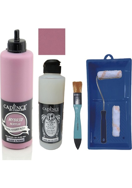Mobilya Boyası - Multisurface H - 028 V Pembe 500 ml Ultimate Vernik Parlak 250 ml Saten Rulo Set