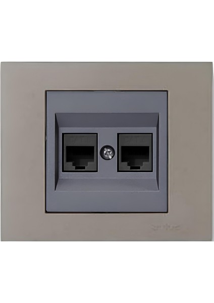 Grano Metalik Cat6 RJ45 Çift Jaklı Data Prizi Füme + Antrasit Çerçeve