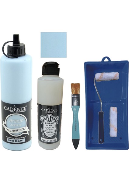 Mobilya Boyası - Multisurface H - 036 M mavi 500 ml Ultimate Vernik Parlak 250 ml Saten Rulo Set