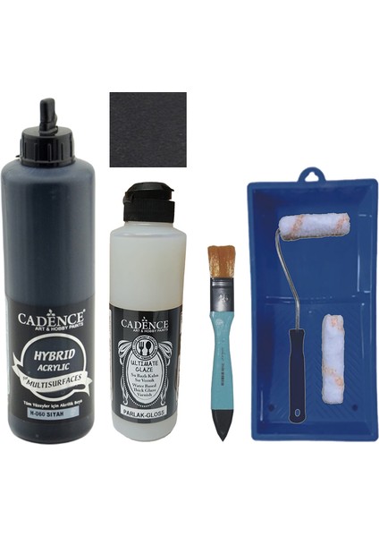 Mobilya Boyası - Multisurface H - 060 Siyah 500 ml Ultimate Vernik Parlak 250 ml Saten Rulo Set