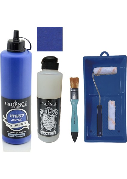 Mobilya Boyası - Multisurface H - 038 Ultramarine 500 ml Ultimate Vernik Parlak 250 ml Saten Rulo Set