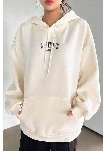 Beyaz Kadın Oversize Kapüşonlu Wrst Berlin Baskılı Pamuklu Sweatshirt