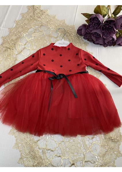 Puantiye Baskılı Pamuk Astarlı Tüllü Kaşkorse Bebek Çoçuk Elbise