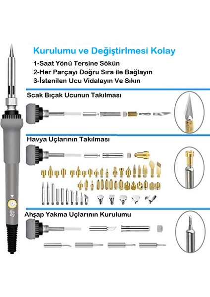 Duhalıne Havya Seti 60W 220V Isı Ayarlı 37 Parça Ahşap Yakma Elektrikli Havya Seti Lehim Seti