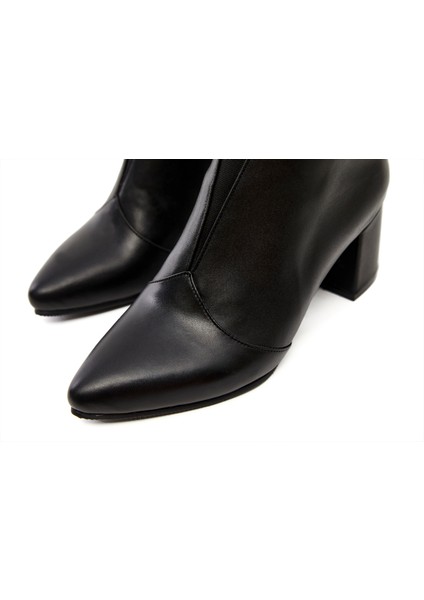 Siyah Deri Sivri Burun Bot Kadın Bot Fermuarlı Lastikli Deri Bot indirimleri