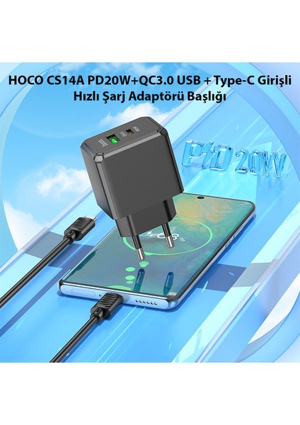 Hoco CS14A PD20W+QC3.0 USB + Type-C Girişli Hızlı Şarj Adaptörü Başlığı