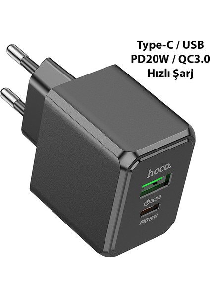 Hoco CS14A PD20W+QC3.0 USB + Type-C Girişli Hızlı Şarj Adaptörü Başlığı