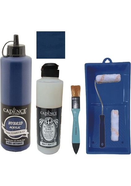 Mobilya Boyası - Multisurface H - 092 Okyanus 500 ml + Ultimate Vernik Mat 250 ml + Saten Rulo Set