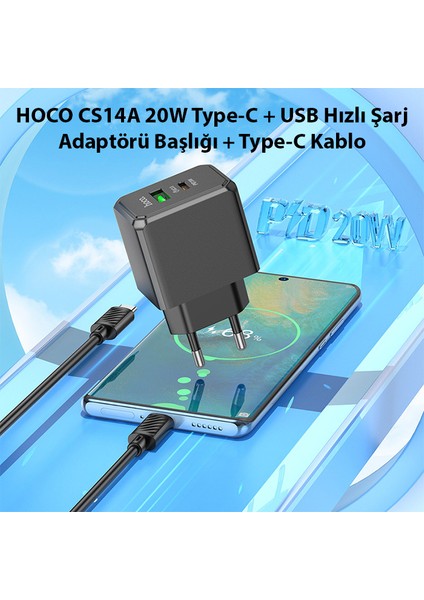 Ason Plus Hoco CS14A 20W Type-C + USB Hızlı Şarj Adaptörü Başlığı + Type-C Kablo