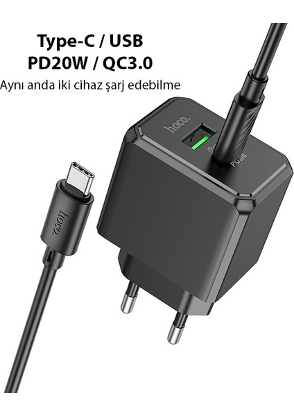 Ason Plus Hoco CS14A 20W Type-C + USB Hızlı Şarj Adaptörü Başlığı + Type-C Kablo