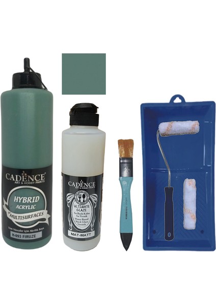 Mobilya Boyası - Multisurface H - 093 Firuze 500 ml + Ultimate Vernik Mat 250 ml + Saten Rulo Set