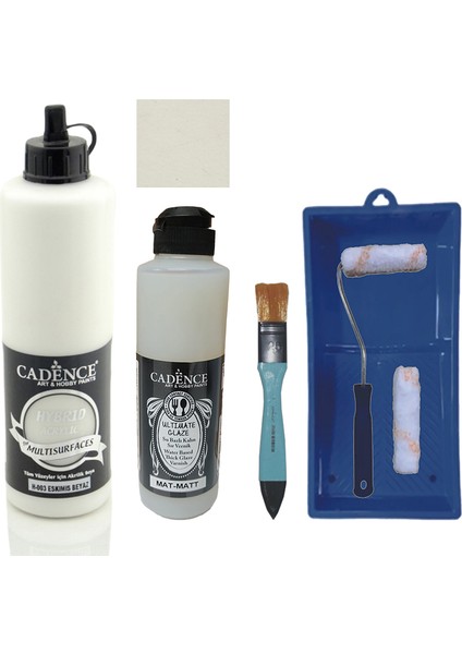 Mobilya Boyası - Multisurface H - 003 Eskimiş Beyaz 500 ml + Ultimate Vernik Mat 250 ml + Saten Rulo Set