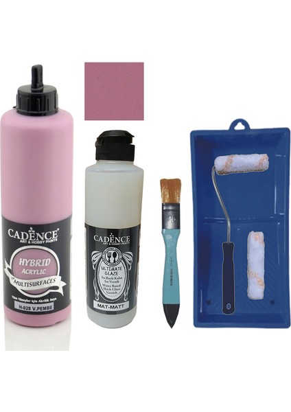 Mobilya Boyası - Multisurface H - 028 V Pembe 500 ml + Ultimate Vernik Mat 250 ml + Saten Rulo Set