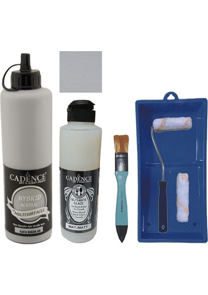 Mobilya Boyası - Multisurface H - 074 Soğuk gr i 500 ml + Ultimate Vernik Mat 250 ml + Saten Rulo Set