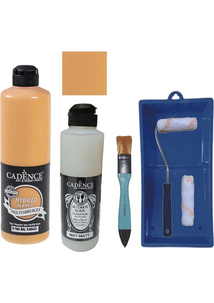 Mobilya Boyası - Multisurface H - 104 Bal Kabağı 500 ml + Ultimate Vernik Mat 250 ml + Saten Rulo Set
