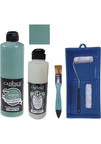 Mobilya Boyası - Multisurface H - 111 Kraliyet Yeşili 500 ml + Ultimate Vernik Mat 250 ml + Saten Rulo Set