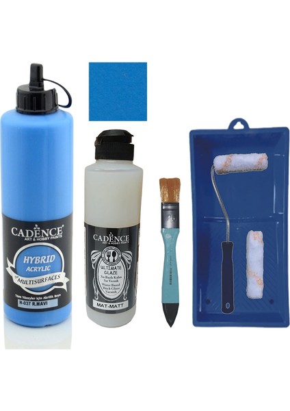 Mobilya Boyası - Multisurface H - 037 R mavi 500 ml + Ultimate Vernik Mat 250 ml + Saten Rulo Set