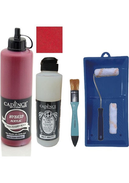 Mobilya Boyası - Multisurface H - 054 Kan Kırmızı 500 ml + Ultimate Vernik Mat 250 ml + Saten Rulo Set