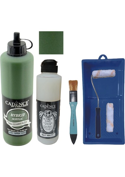 Mobilya Boyası - Multisurface H - 051 Yaprak Yeşil 500 ml + Ultimate Vernik Mat 250 ml + Saten Rulo Set