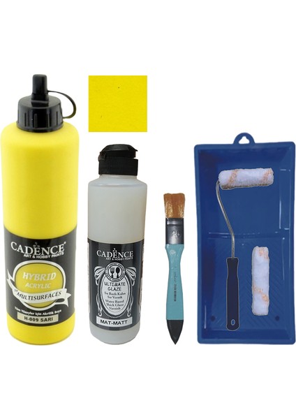 Mobilya Boyası - Multisurface H - 009 Sarı 500 ml + Ultimate Vernik Mat 250 ml + Saten Rulo Set