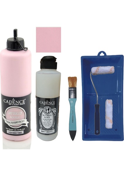 Mobilya Boyası - Multisurface H - 024 Bebek Pembe 500 ml + Ultimate Vernik Mat 250 ml + Saten Rulo Set