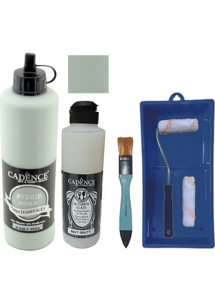 Mobilya Boyası - Multisurface H - 048 F yeşil 500 ml + Ultimate Vernik Mat 250 ml + Saten Rulo Set